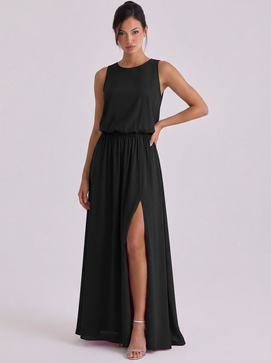 Chiffon Blouson Top Maxi Dress Sleeveless High Slit