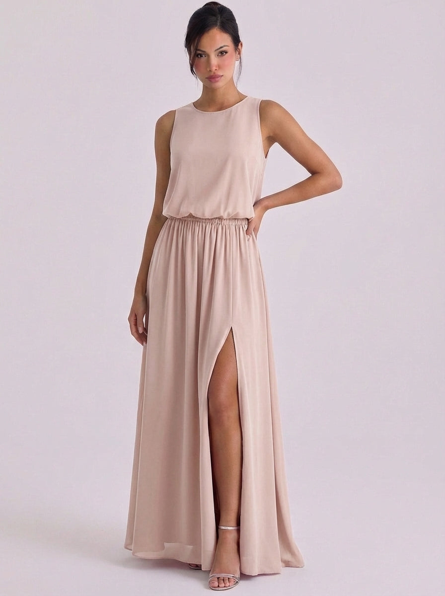 Chiffon Blouson Top Maxi Dress Sleeveless High Slit