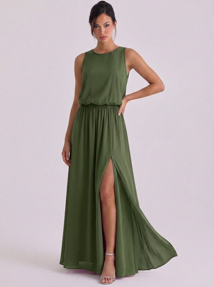 Chiffon Blouson Top Maxi Dress Sleeveless High Slit