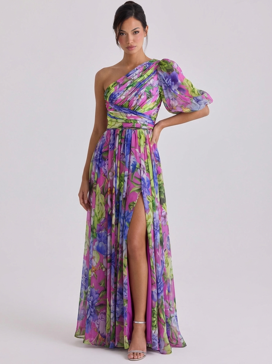 Chiffon Floral Print One Shoulder Gown Puff Sleeve Pleated Skirt High Slit