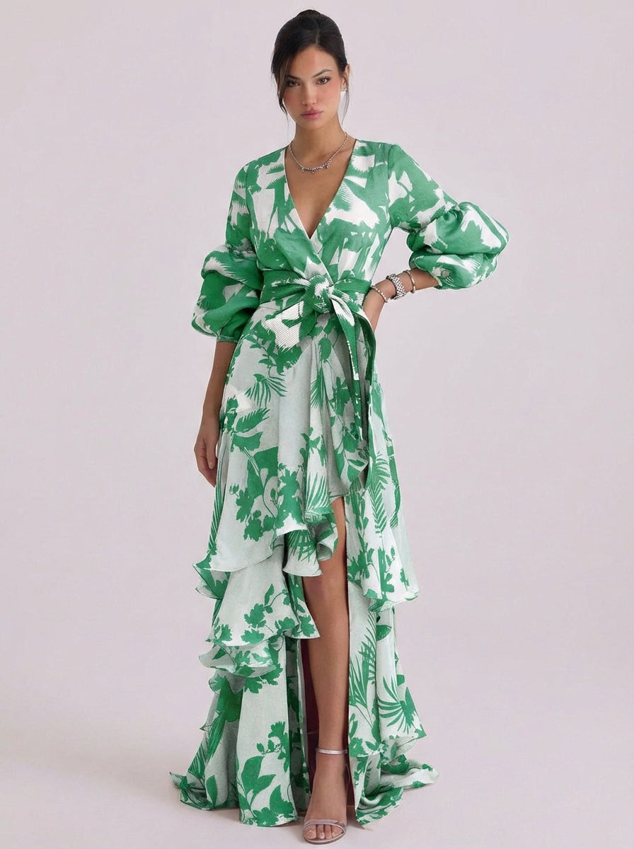 Chiffon Floral Print Wrap Maxi Gown Balloon Sleeve Tiered Ruffle Skirt