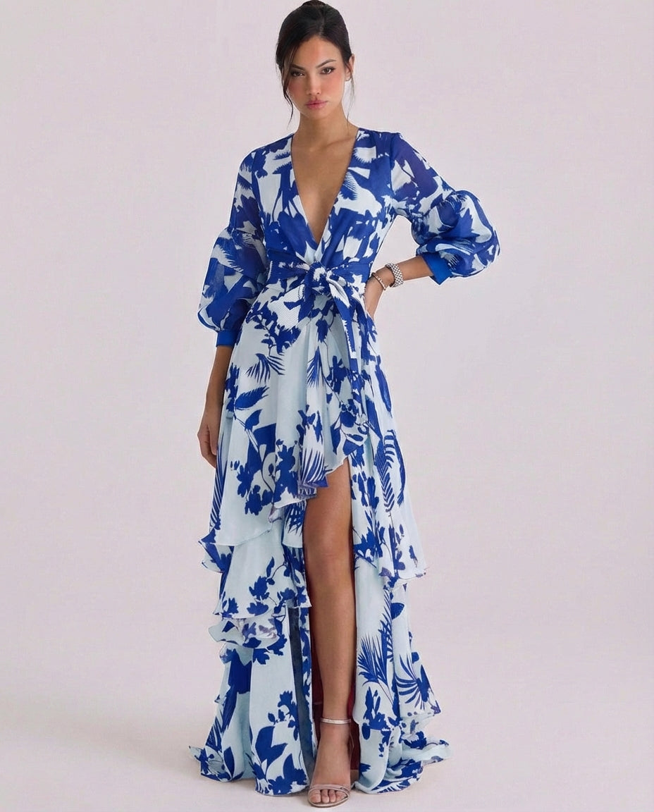 Chiffon Floral Print Wrap Maxi Gown Balloon Sleeve Tiered Ruffle Skirt