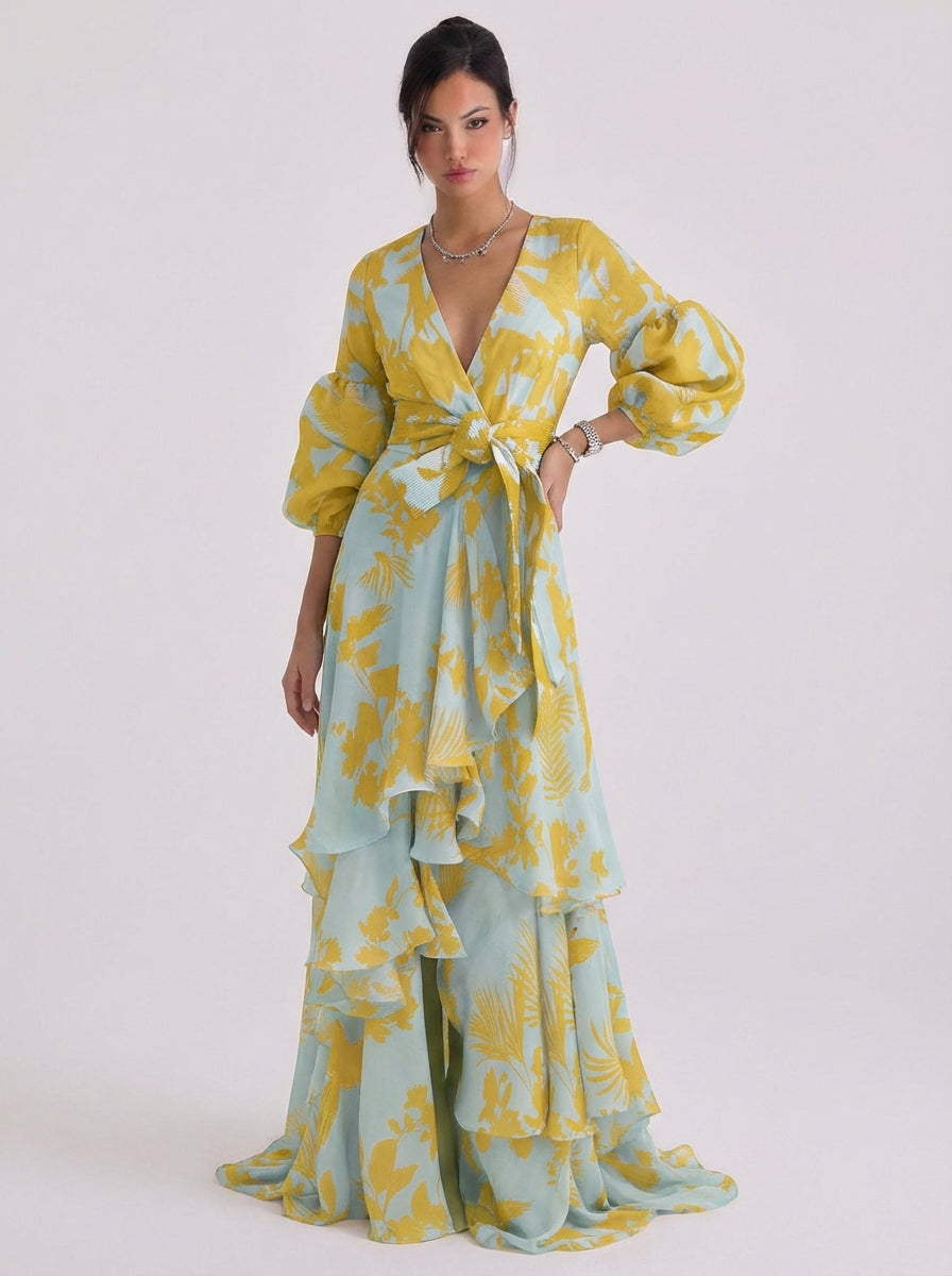 Chiffon Floral Print Wrap Maxi Gown Balloon Sleeve Tiered Ruffle Skirt