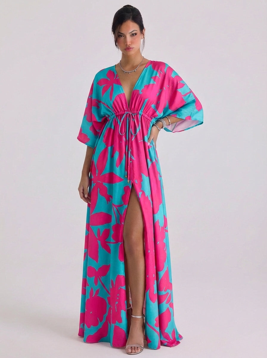 Chiffon Floral Print Wrap Maxi Gown Balloon Sleeve Tiered Ruffle Skirt