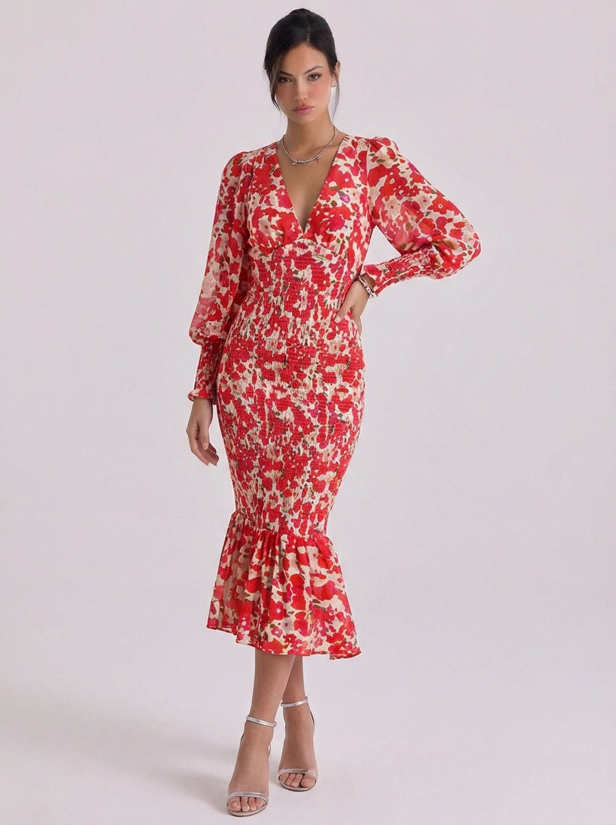 Chiffon Floral Smocked Midi Dress With Ruffle Hem