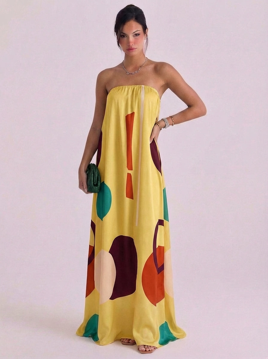 Chiffon Geometric Print Strapless Maxi Dress