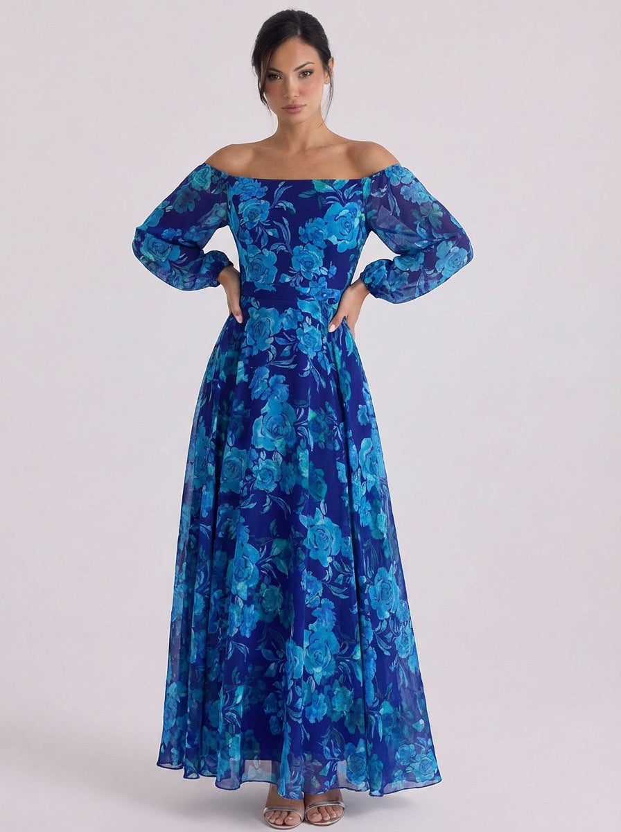 Chiffon Off Shoulder Floral Maxi Dress With Puff