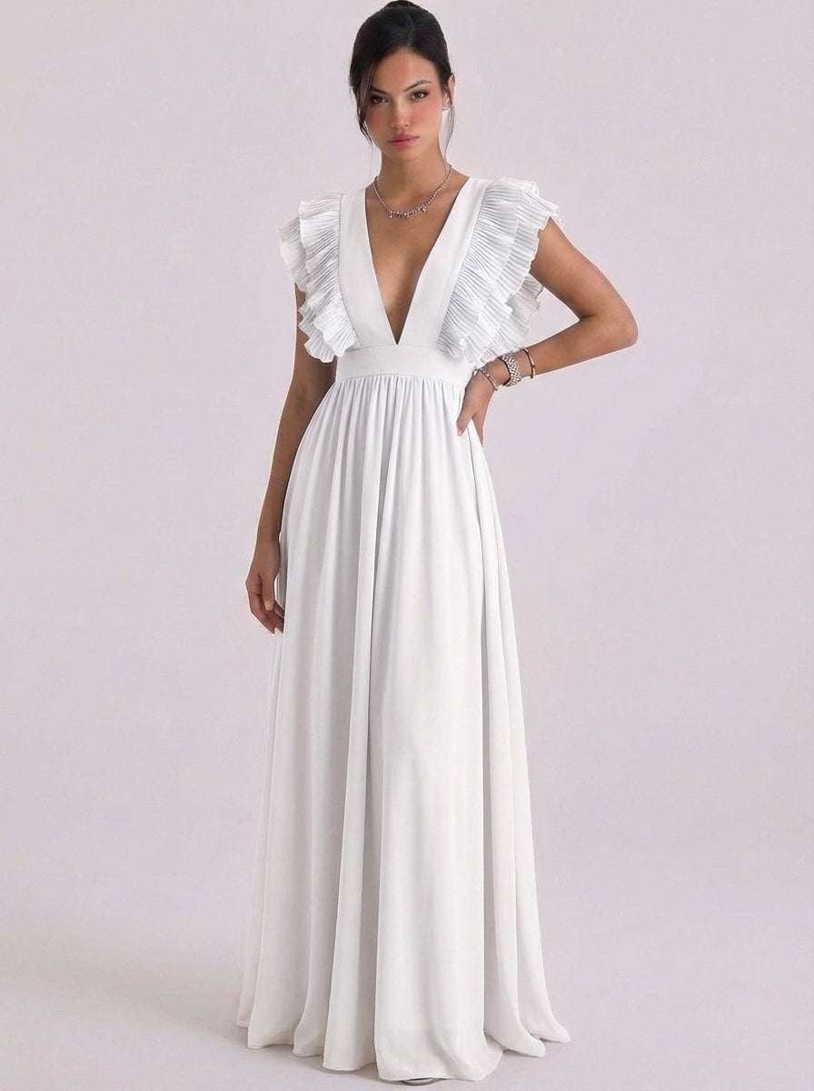 Chiffon Pleated Ruffle Deep V Maxi Gown Cap Sleeve