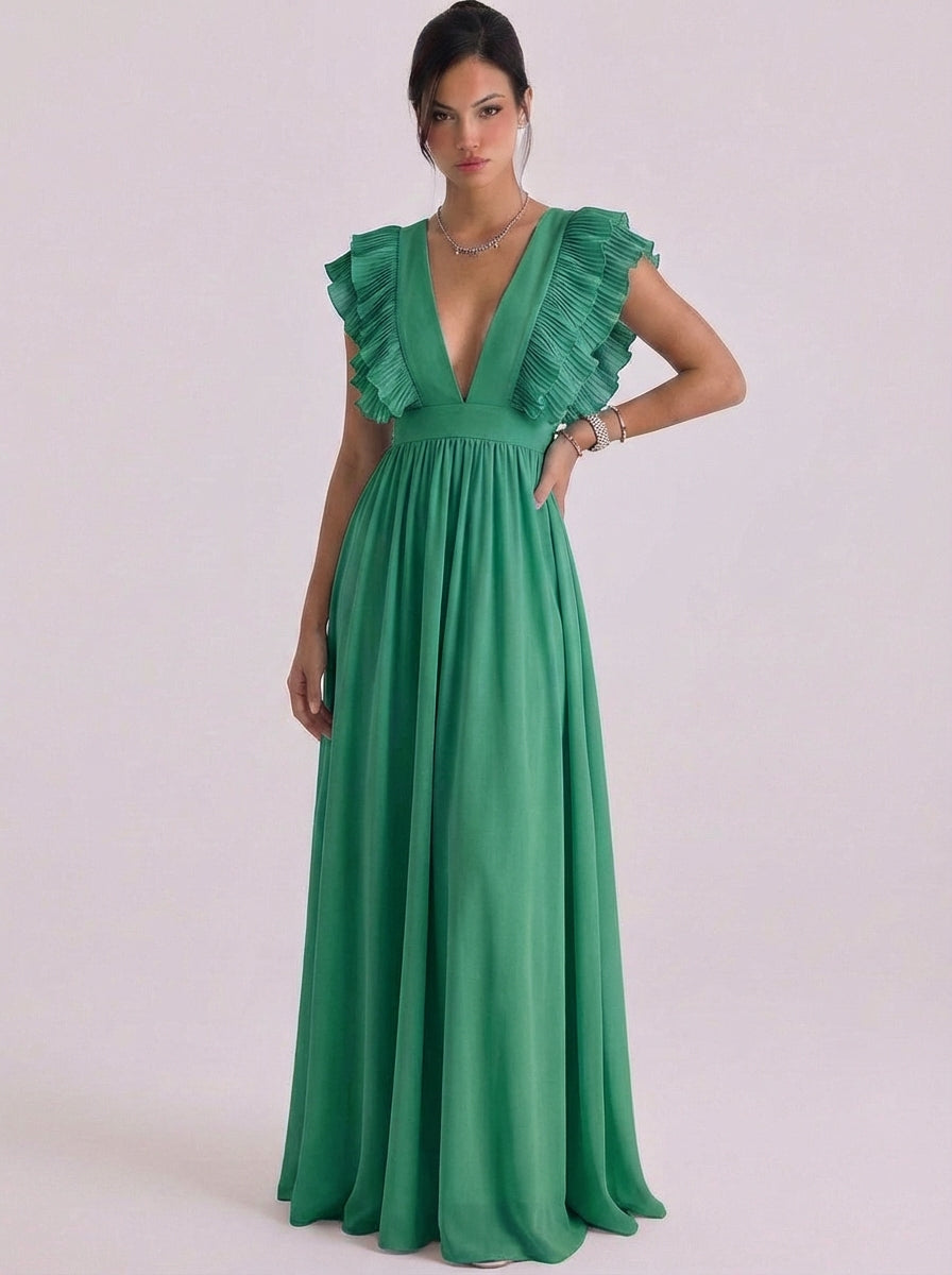 Chiffon Pleated Ruffle Deep V Maxi Gown Cap Sleeve