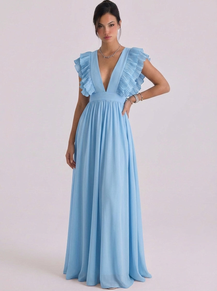 Chiffon Pleated Ruffle Deep V Maxi Gown Cap Sleeve