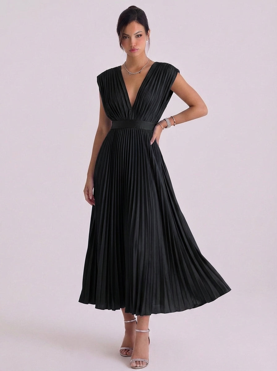 Chiffon Pleated V Neck Midi Dress