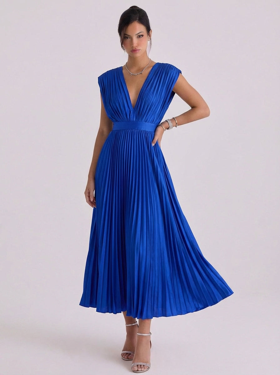 Chiffon Pleated V Neck Midi Dress