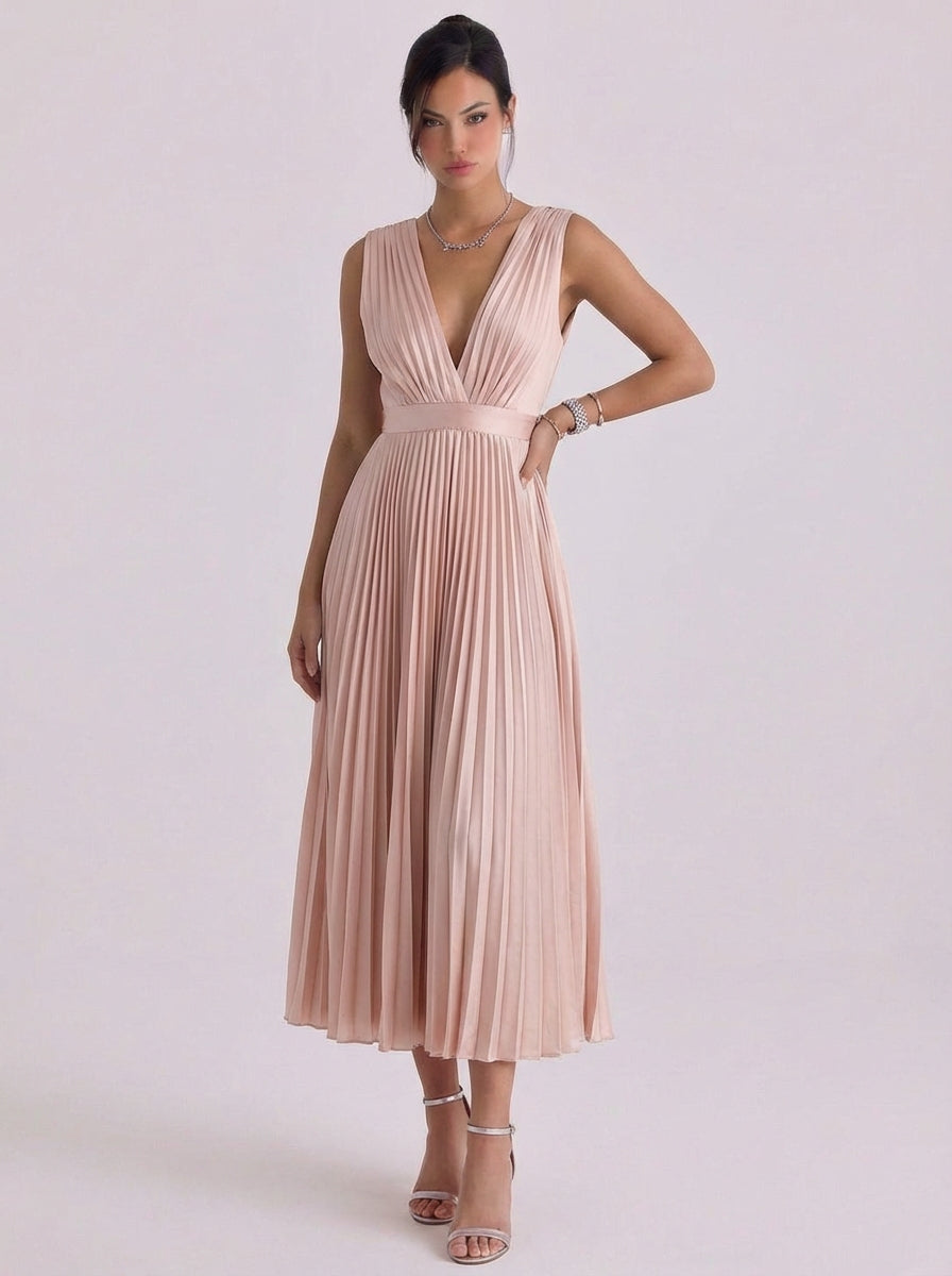 Chiffon Pleated V Neck Midi Dress