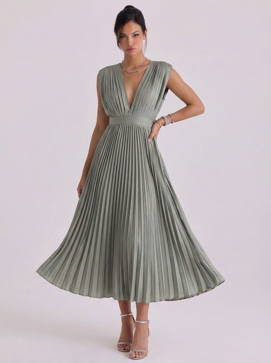 Chiffon Pleated V Neck Midi Dress