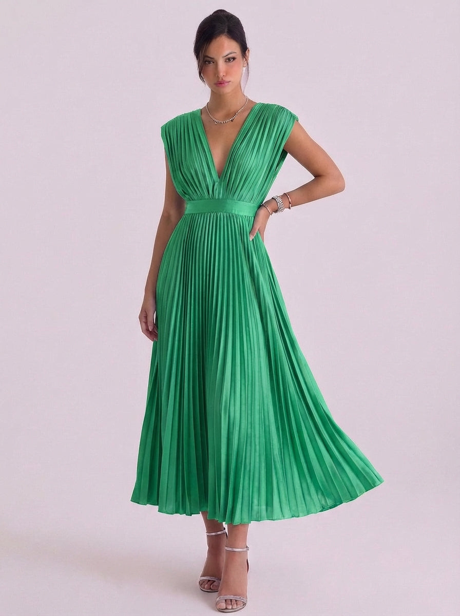 Chiffon Pleated V Neck Midi Dress