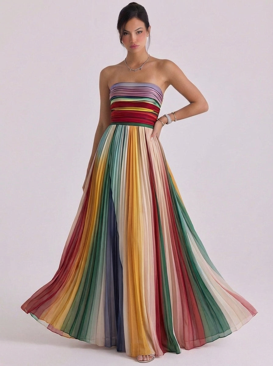 Chiffon Rainbow Stripe Strapless Gown Pleated Skirt