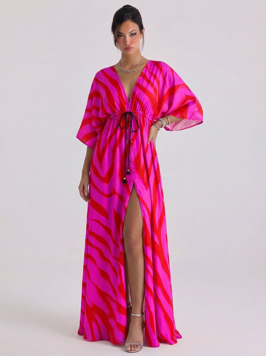 Chiffon Swirl Print Deep V Maxi Dress Kimono Sleeve Button Front High Slit