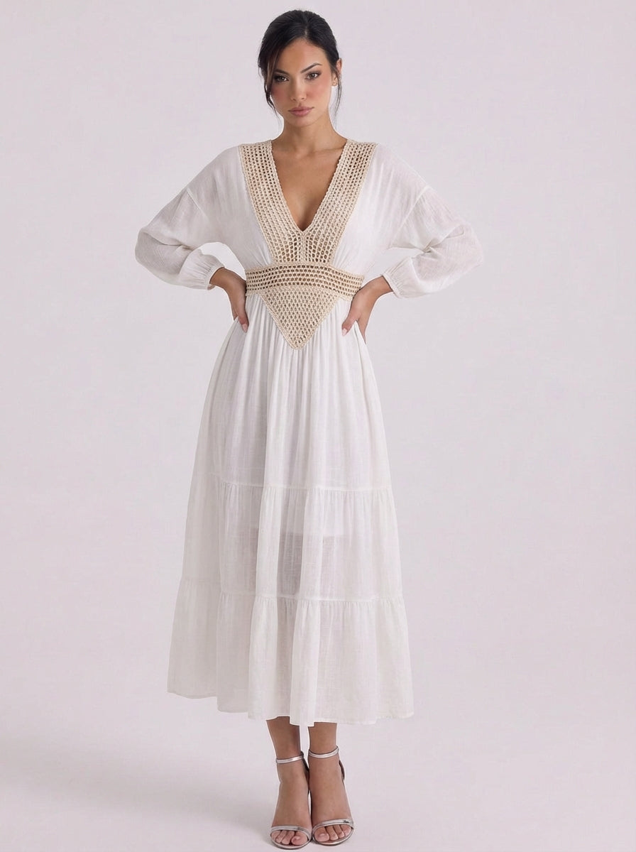 Cotton Crochet Panel Tiered Maxi Dress