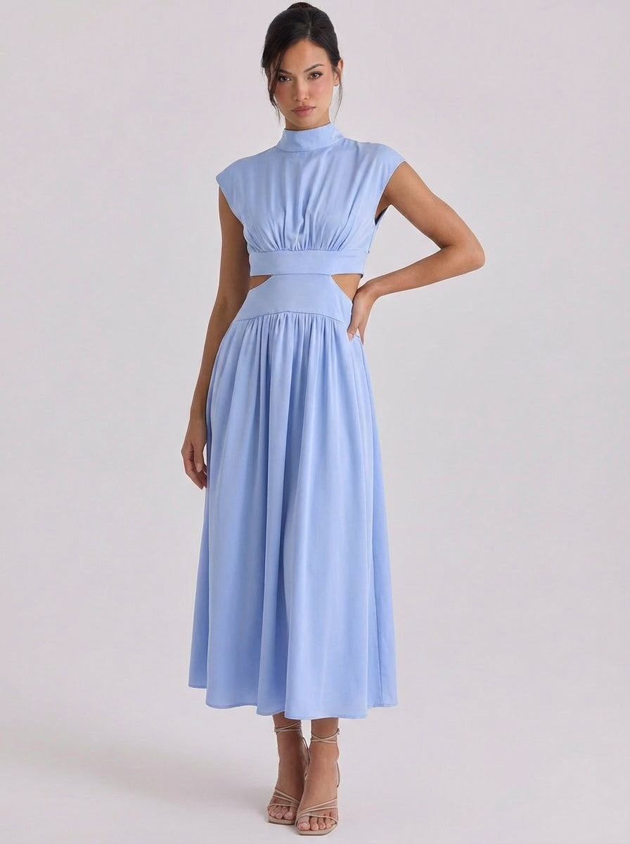 Cotton Cutout High Neck Midi Dress Cap Sleeve Gathered Waist