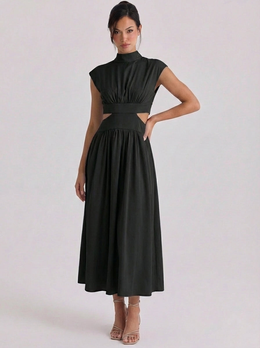 Cotton Cutout High Neck Midi Dress Cap Sleeve Gathered Waist