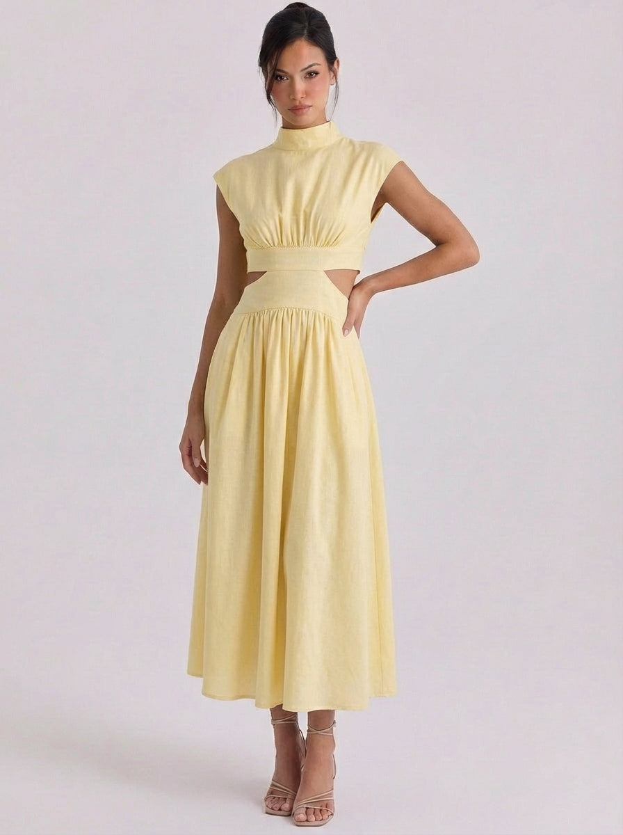 Cotton Cutout High Neck Midi Dress Cap Sleeve Gathered Waist