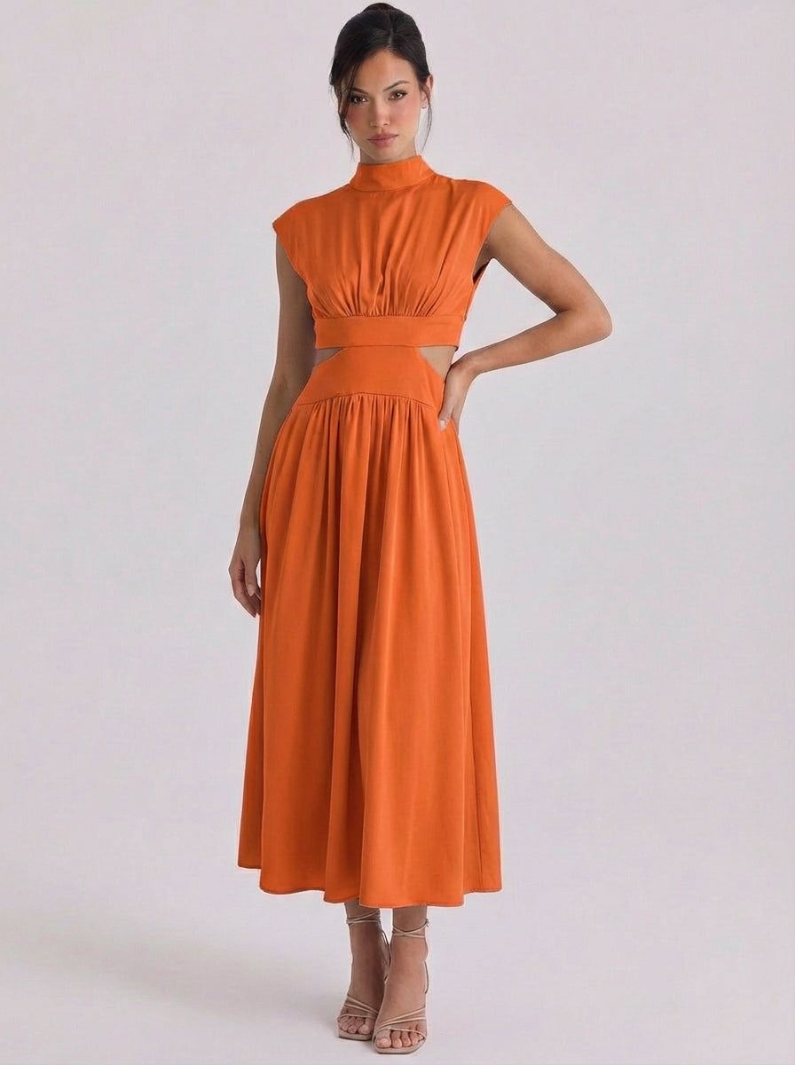 Cotton Cutout High Neck Midi Dress Cap Sleeve Gathered Waist