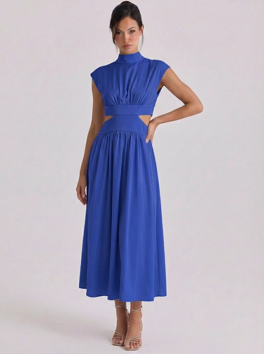 Cotton Cutout High Neck Midi Dress Cap Sleeve Gathered Waist