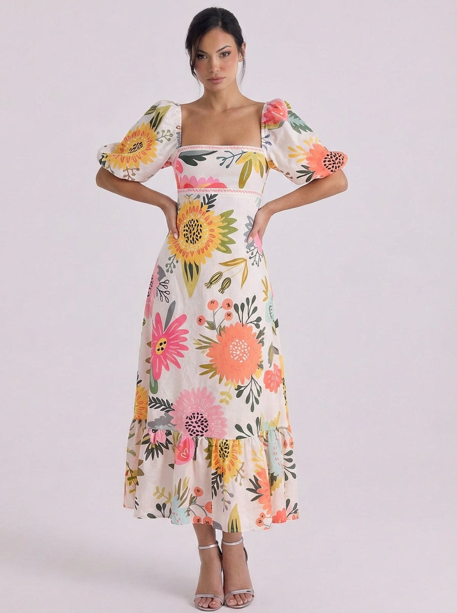 Cotton Floral Print Puff Sleeve Midi Dress With Ruffle Hem