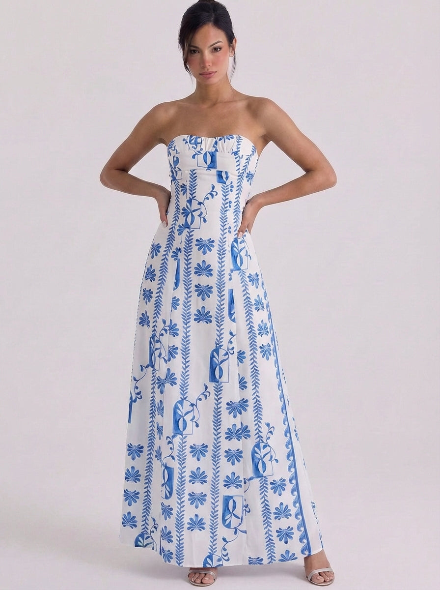 Cotton Strapless Embroidered Maxi Dress