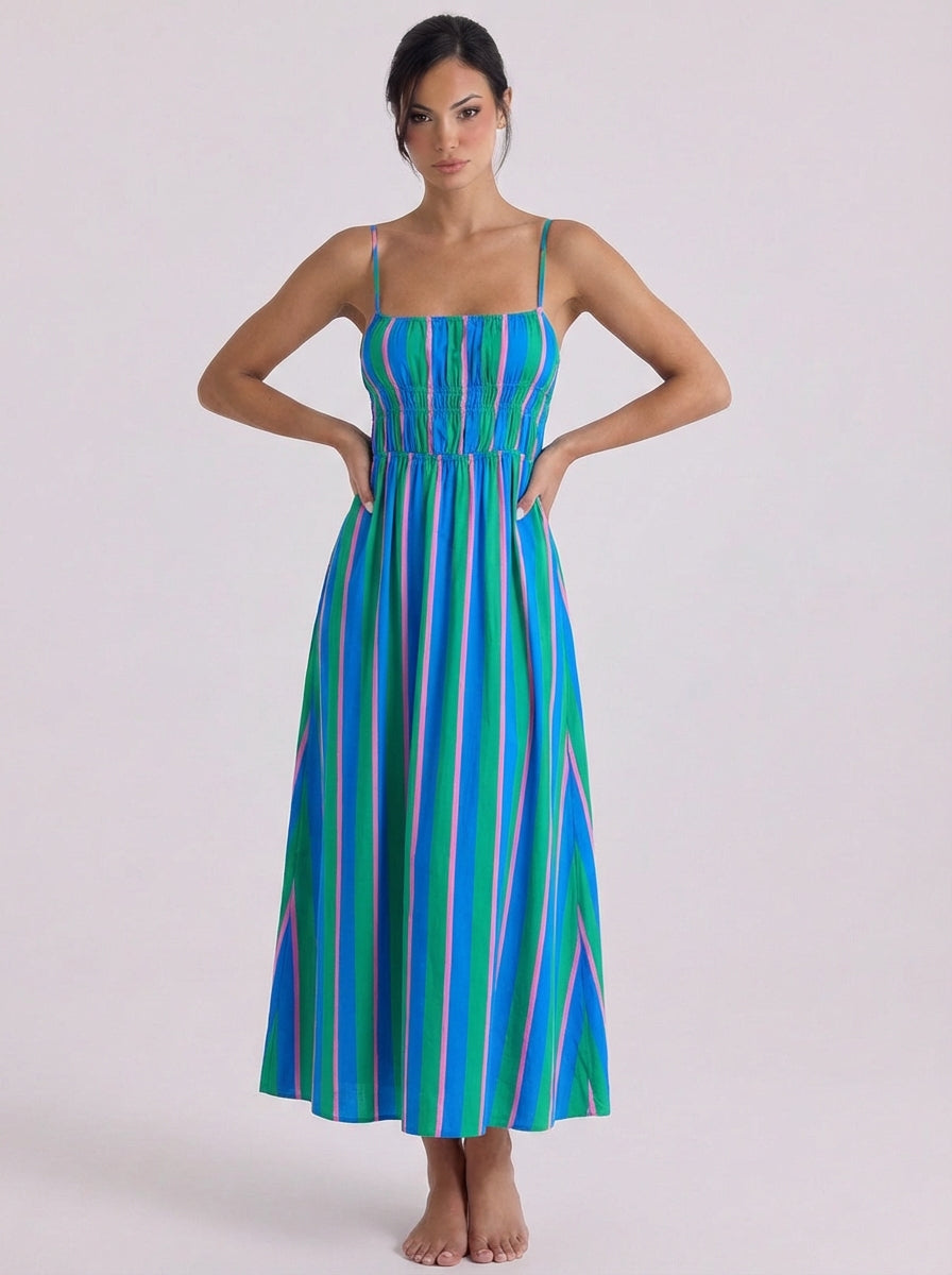 Cotton Striped Smocked Midi Dress