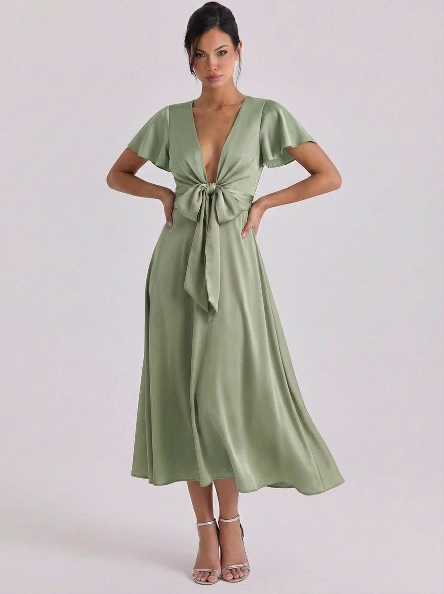 Satin Bow Front Deep V Midi Dress Flutter Sleeve