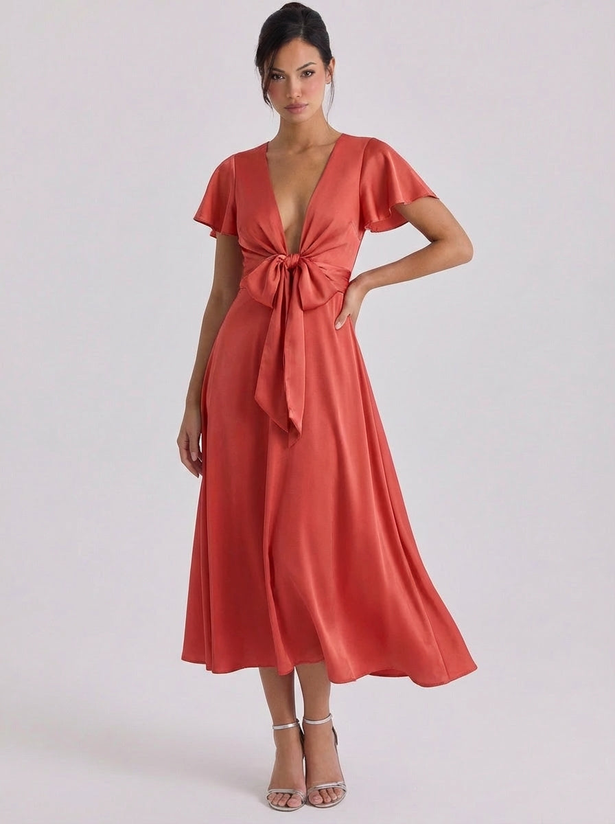 Satin Bow Front Deep V Midi Dress Flutter Sleeve