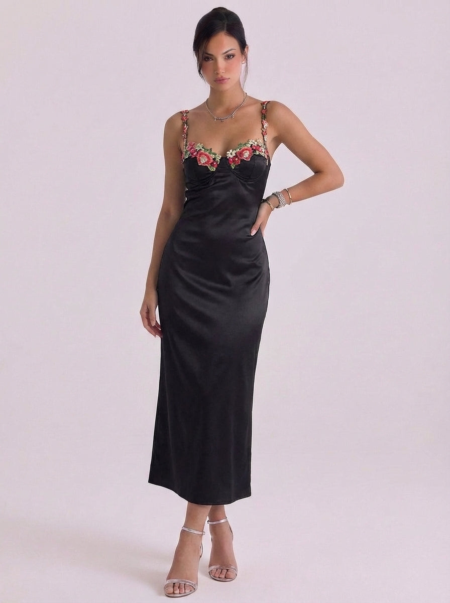 Satin Floral Appliqué Slip Midi Dress