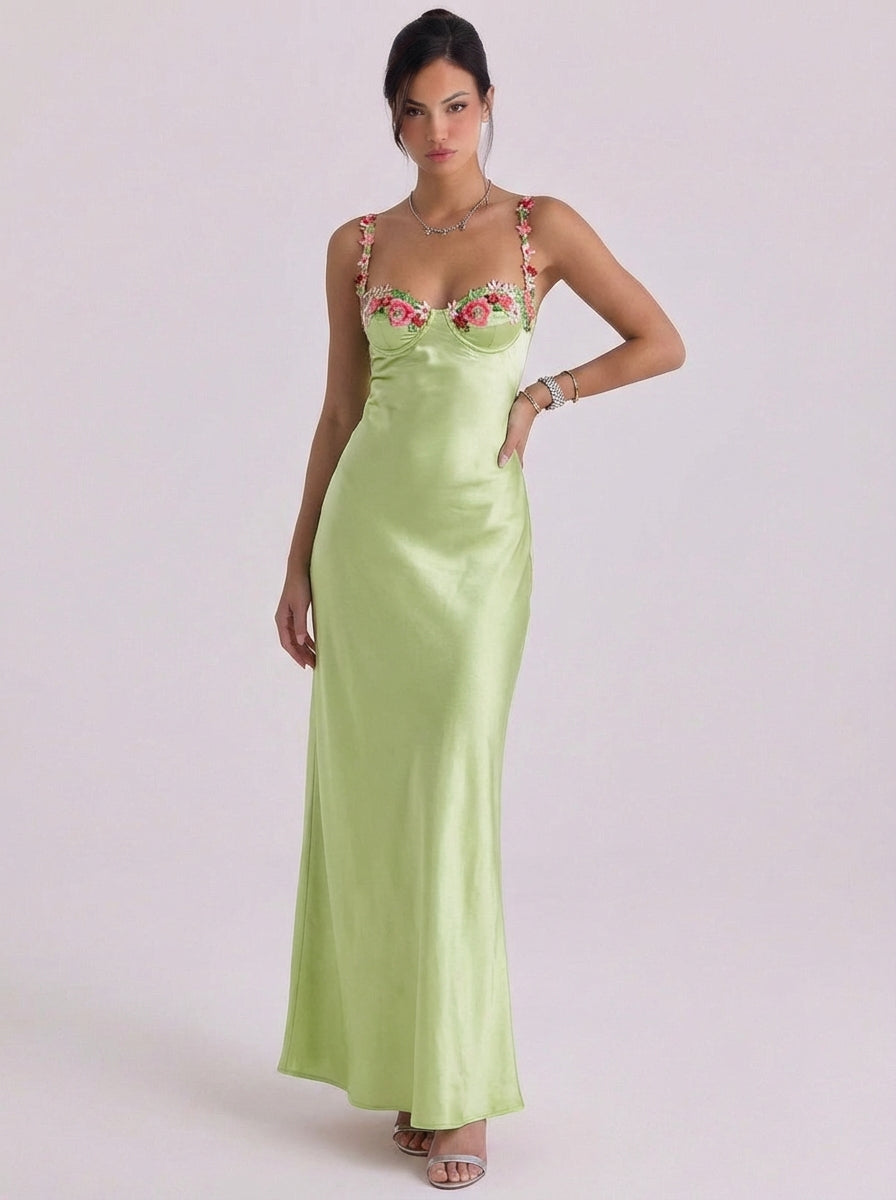 Satin Floral Appliqué Slip Midi Dress