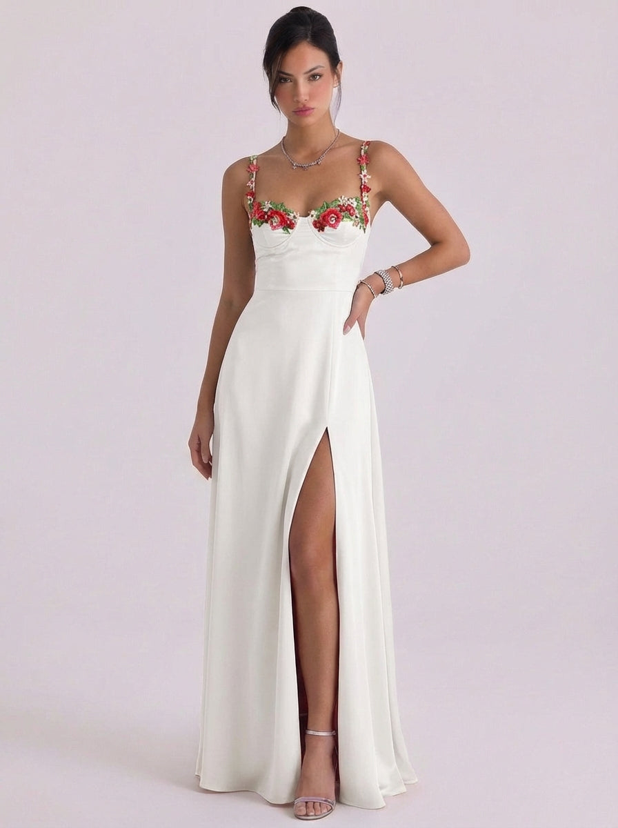 Satin Floral Appliqué Slip Midi Dress