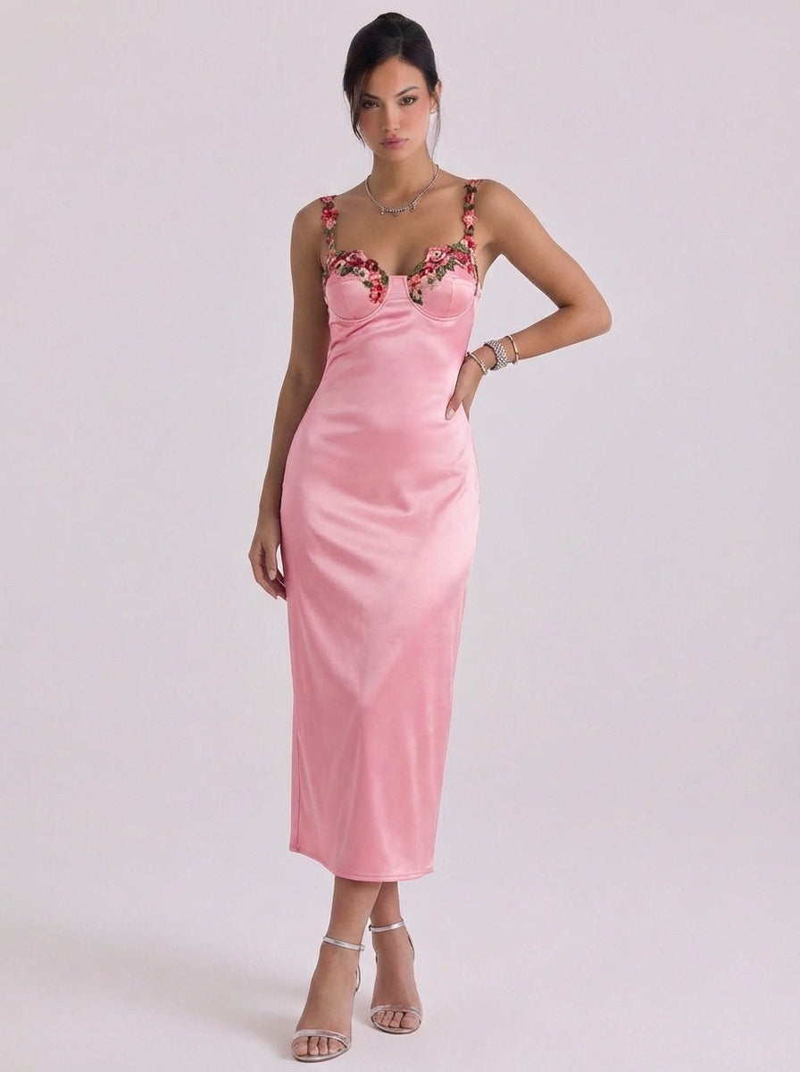 Satin Floral Appliqué Slip Midi Dress