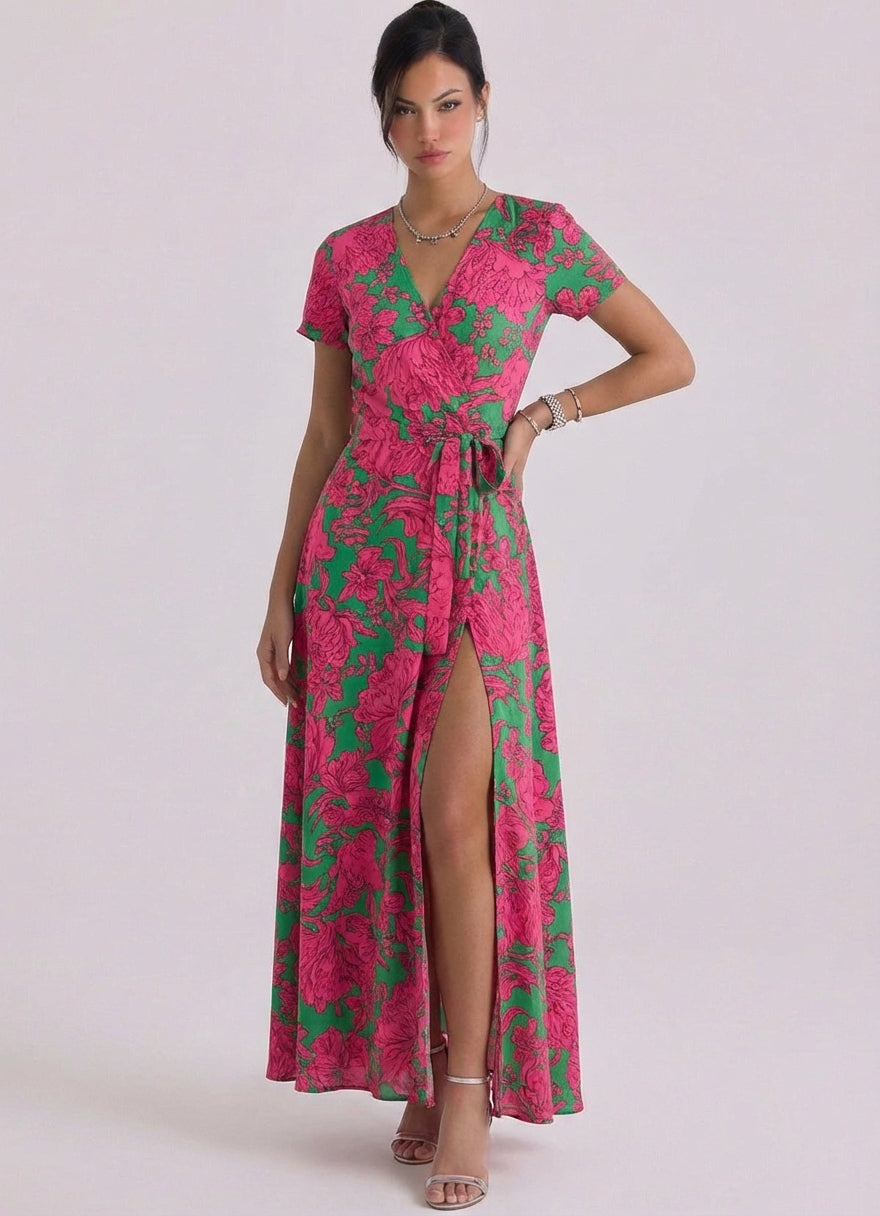 Satin Floral Print Wrap Maxi Dress Short Sleeve Tie Waist High Slit