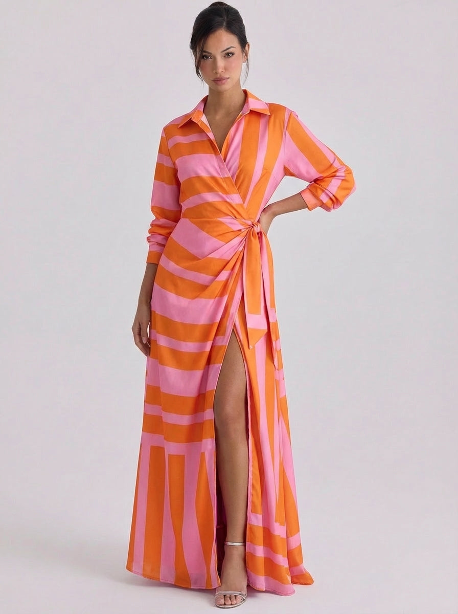 Satin Stripe Print Collar Wrap Maxi Dress Long Sleeve High Slit