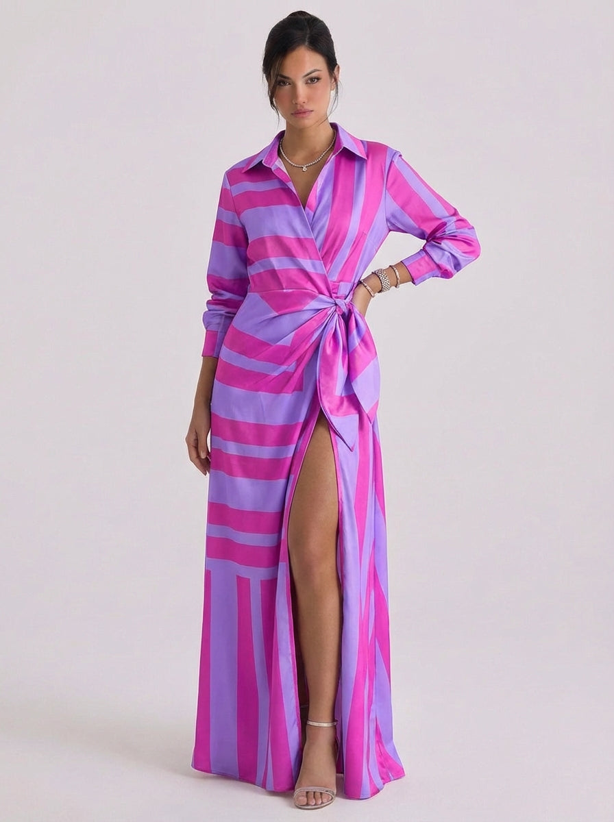Satin Stripe Print Collar Wrap Maxi Dress Long Sleeve High Slit