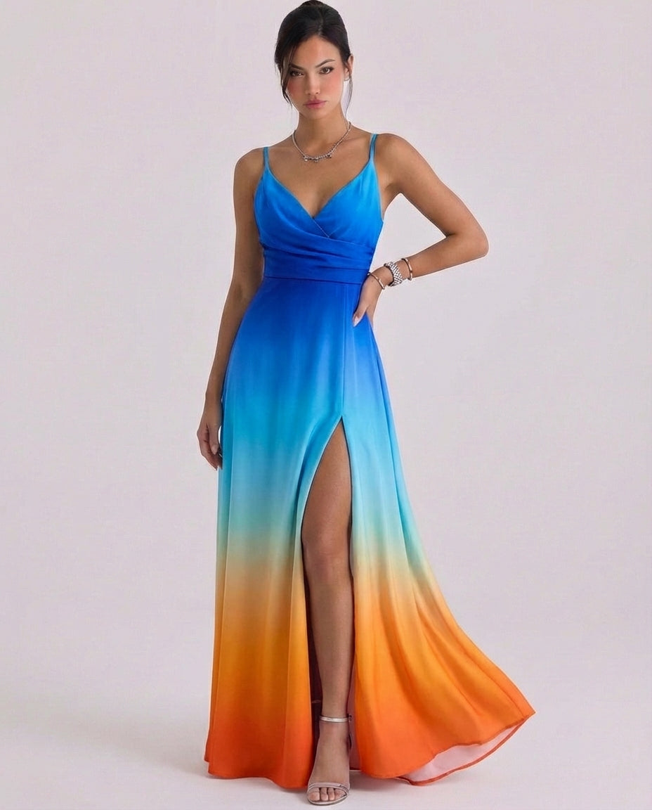 Satin Wrap Maxi Dress High Slit Cami Strap