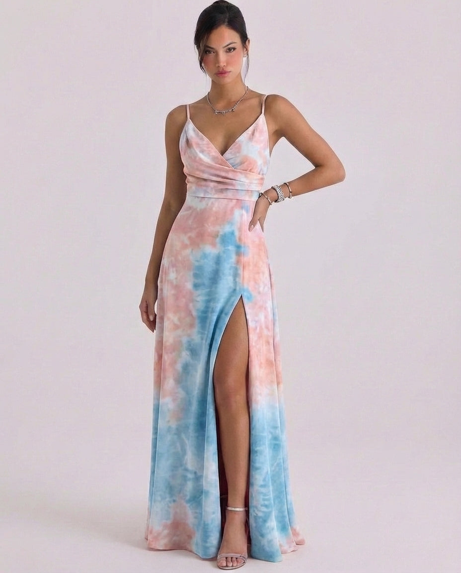 Satin Wrap Maxi Dress High Slit Cami Strap