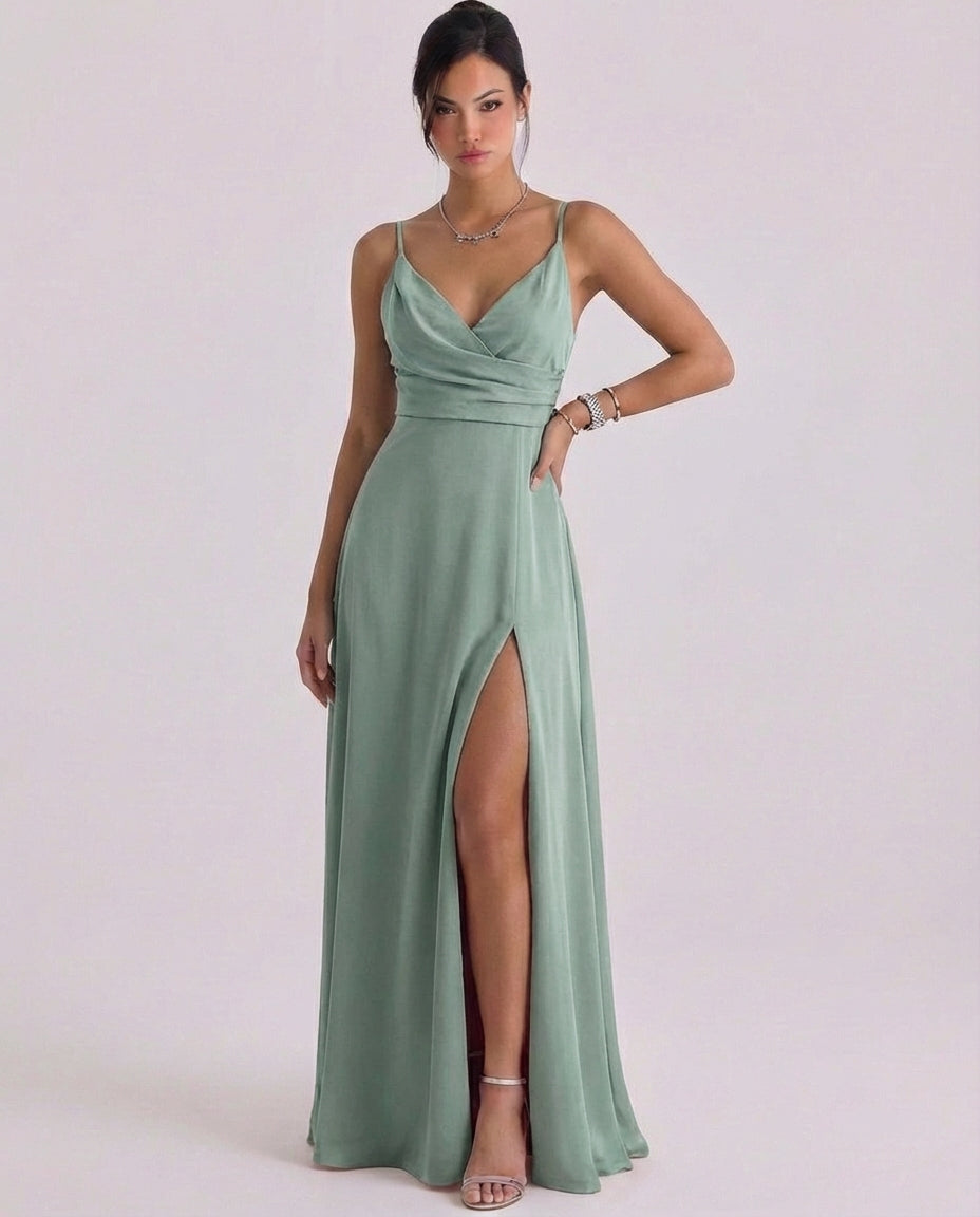 Satin Wrap Maxi Dress High Slit Cami Strap
