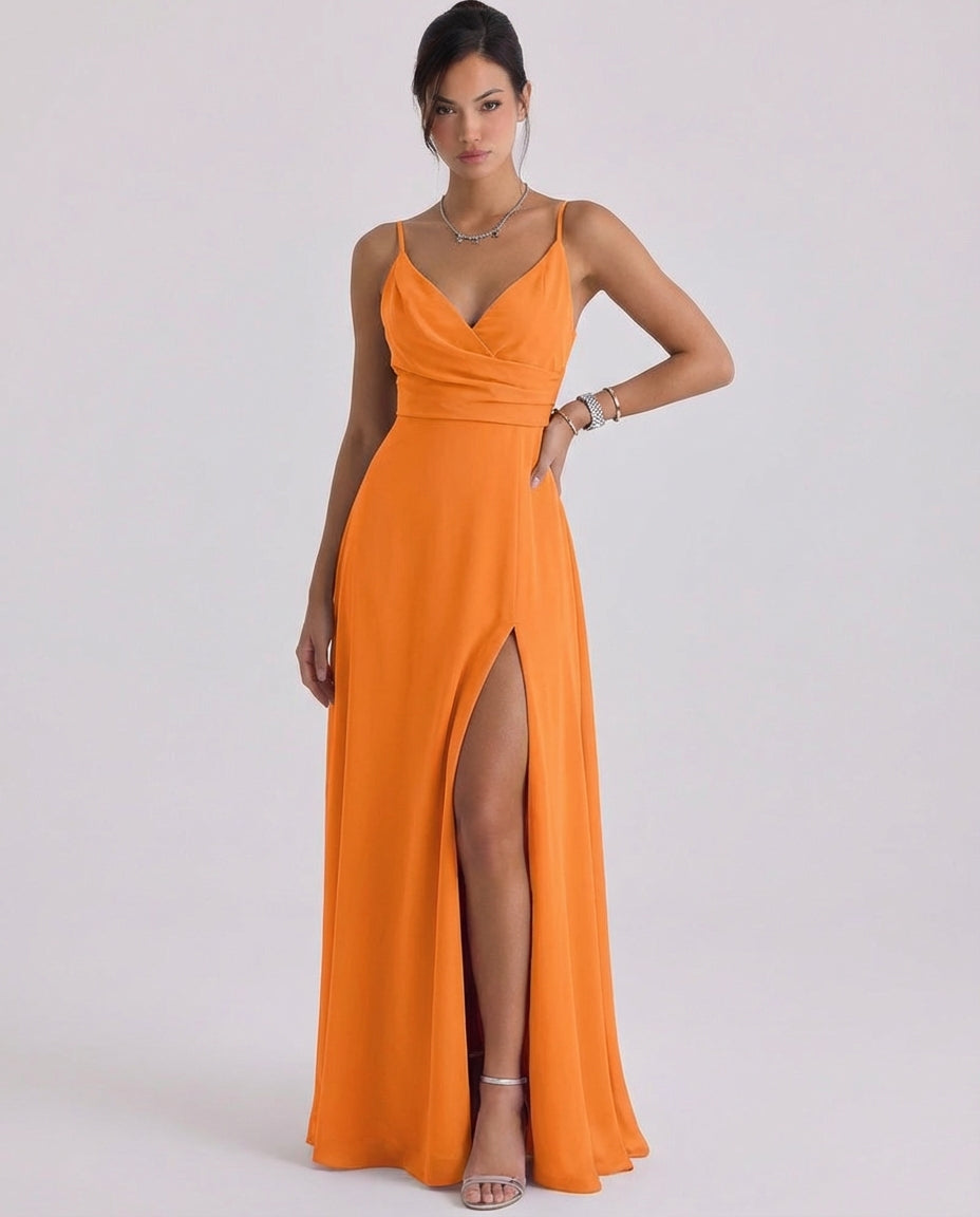 Satin Wrap Maxi Dress High Slit Cami Strap