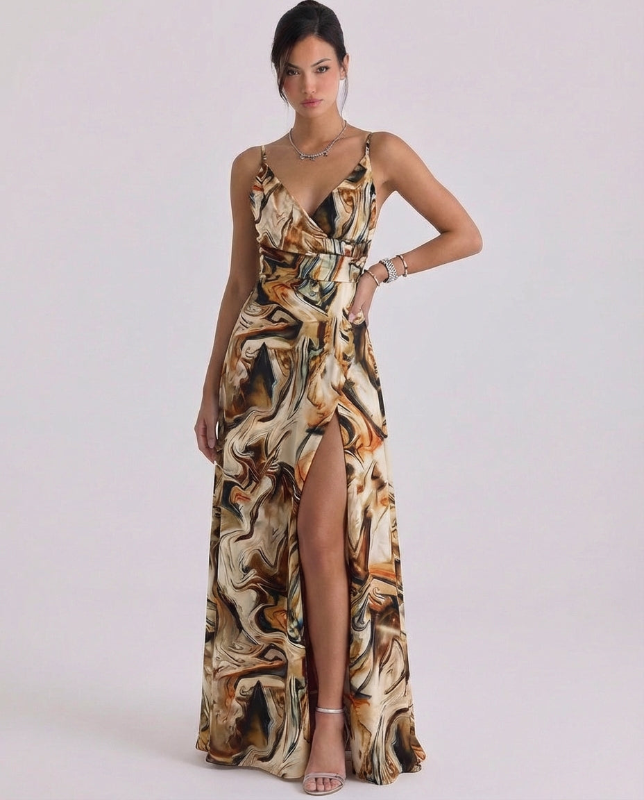 Satin Wrap Maxi Dress High Slit Cami Strap